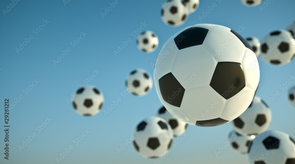 Soccer balls in the sky. 3D render. Soccer balls in the sky. 3D render.