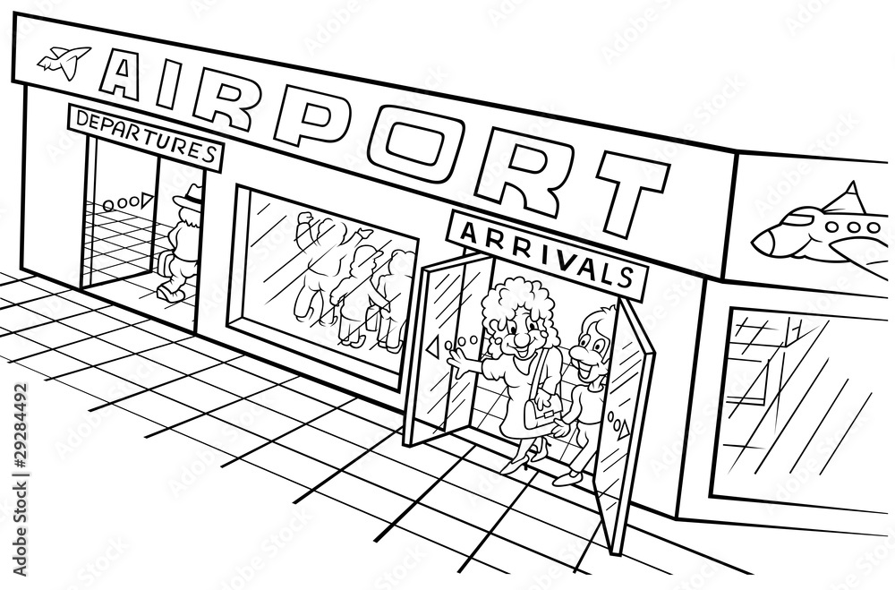 Airport - Black and White Cartoon illustration Stock Illustration | Adobe  Stock