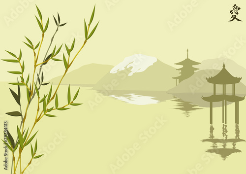 vector japanese illustration with bamboo, mountains and pagoda