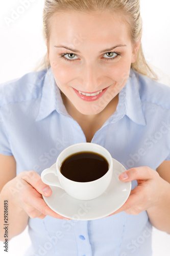 Cheerful young woman with coffee