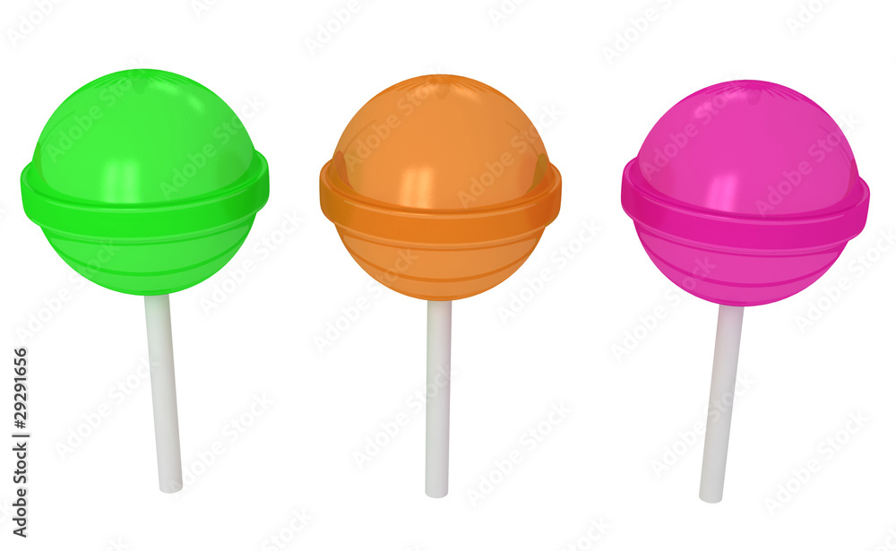 3d colorful sweet lollipops on white background