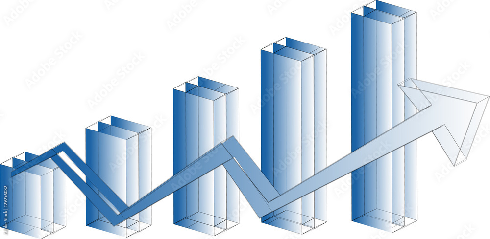 Blue arrow on a growing business graph Blue arrow on a growing business graph
