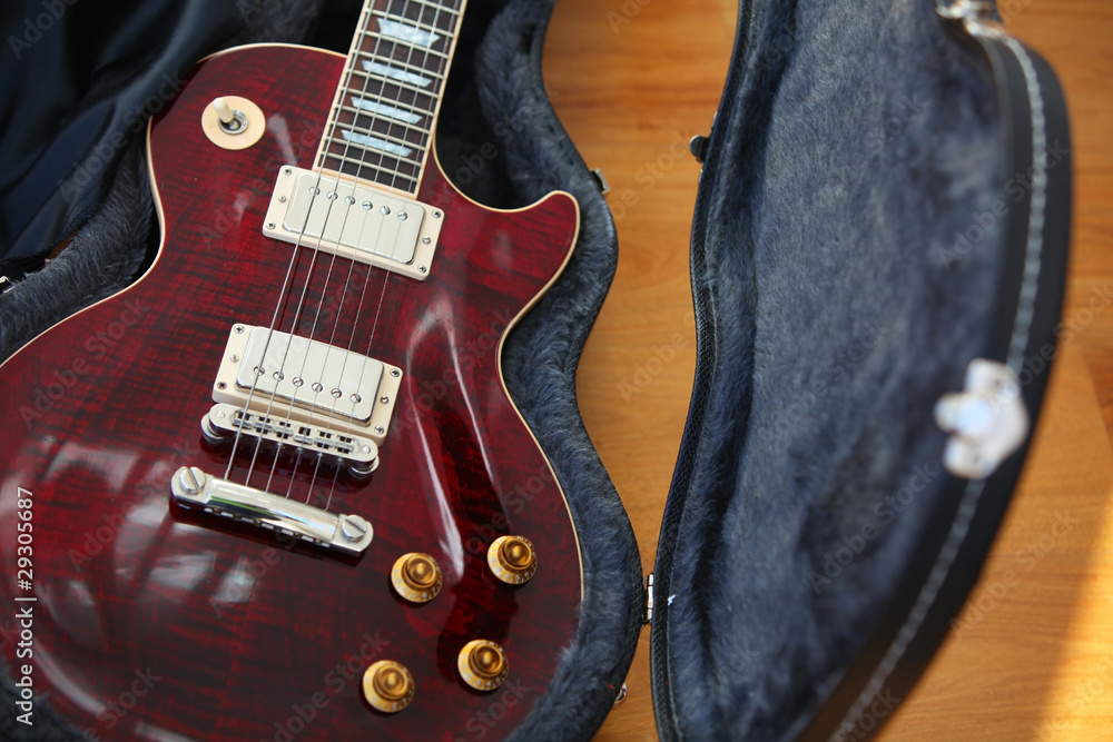 Electric guitar in the black open case with strings and bridge Electric guitar in the black open case with strings and bridge