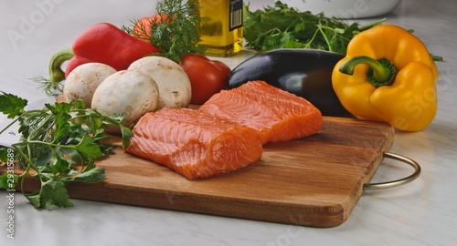 fresh salmon fillet with vegetables and mushrooms