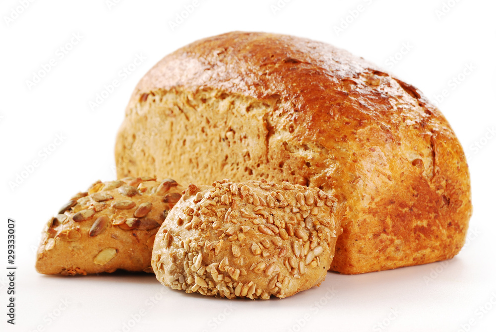 Loaf of bread and rolls isolated on white Loaf of bread and rolls isolated on white