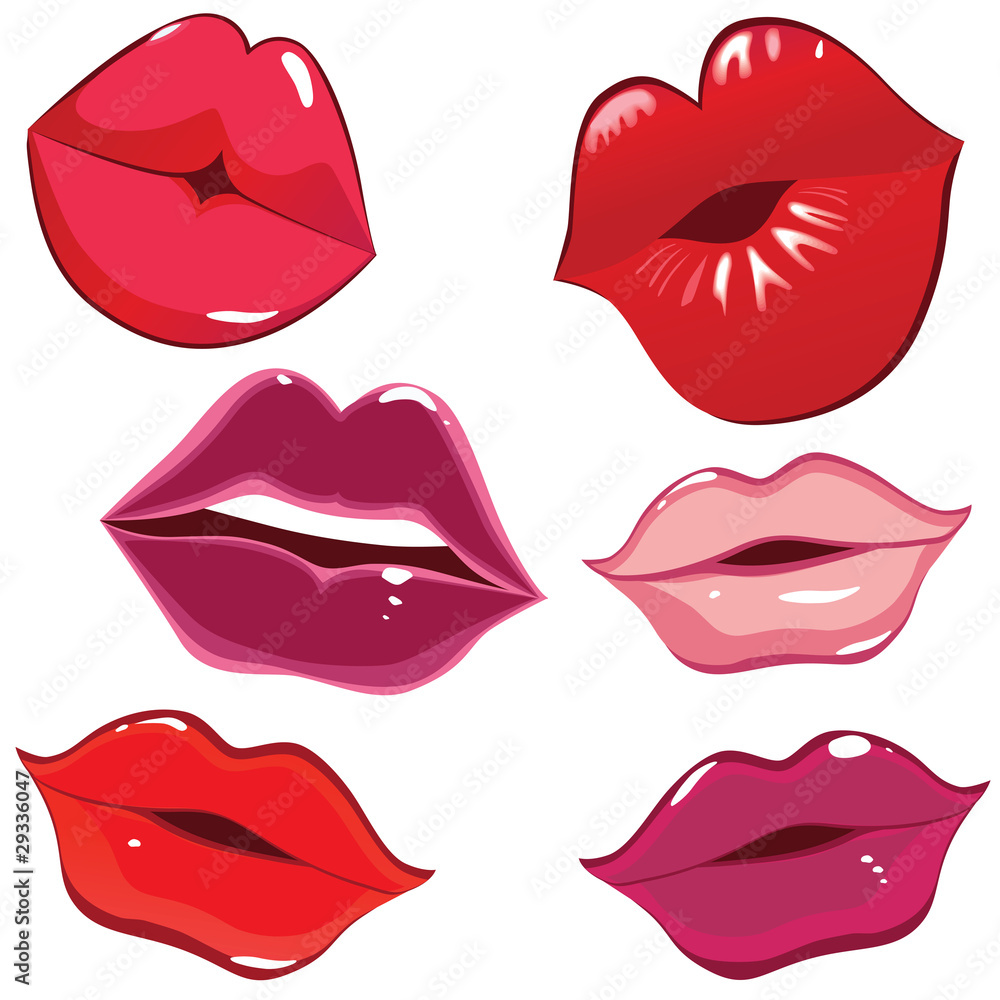 Fototapeta premium Set of glossy lips in tender kiss.