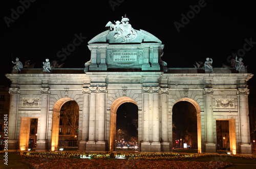 Night view of the Alcala Gate in Madrid, Spain