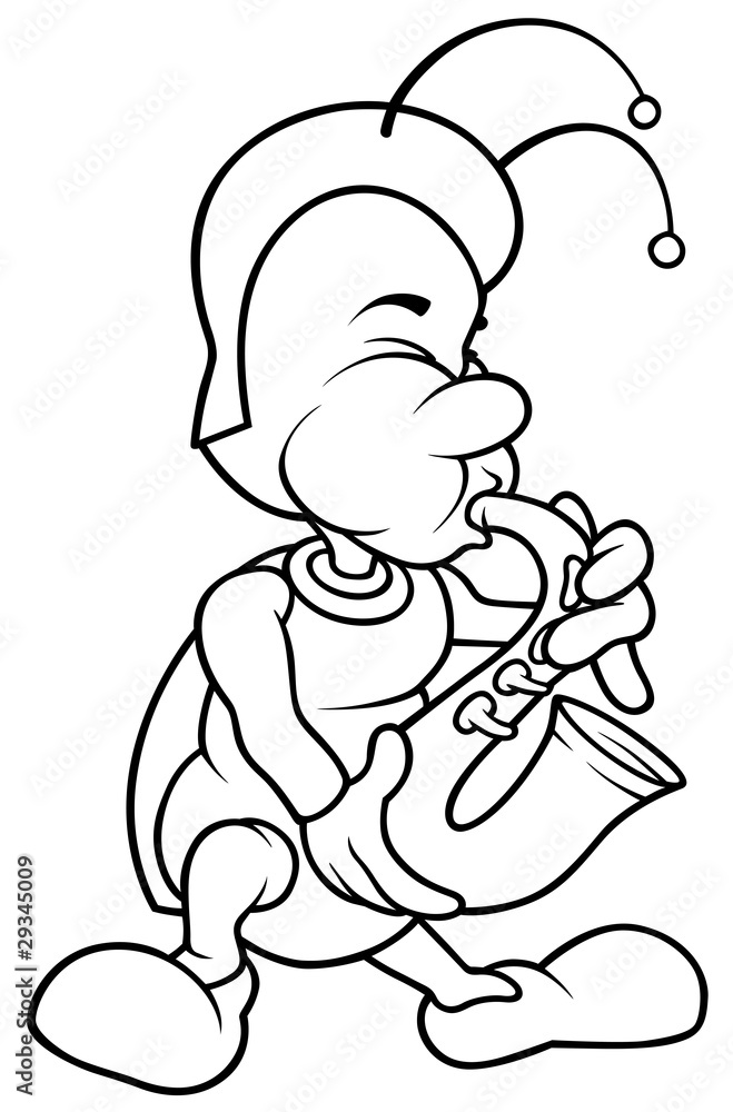 Bug and Saxophone - Black and White Cartoon illustration