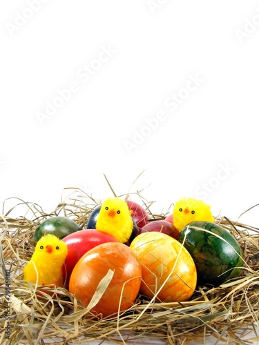 Painted shiny easter eggs & chicks on a grass background