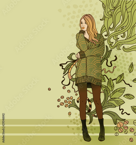 fashion girl on a rich floral background