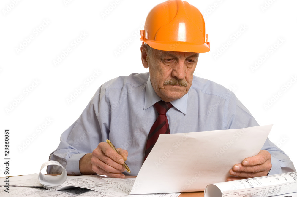Engineer studies the project isolated on white