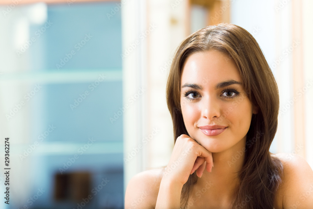 Portrait of young beautiful happy smiling woman, at home