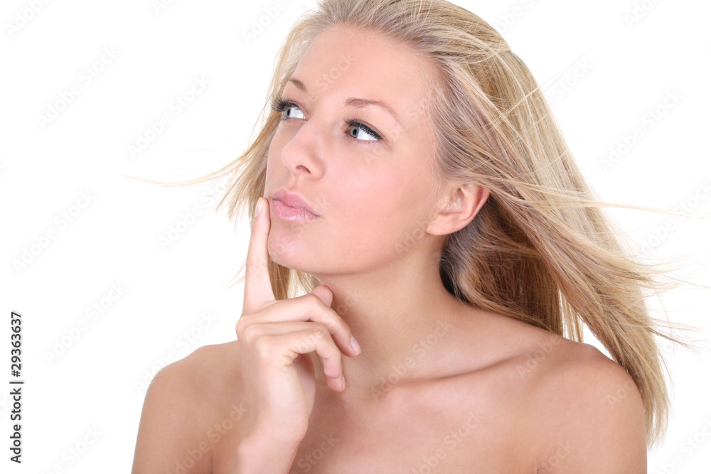 Portrait of thinking woman with healthy clear skin Portrait of thinking woman with healthy clear skin