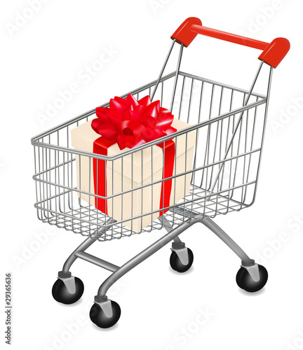 closeup of a shopping cart with gift