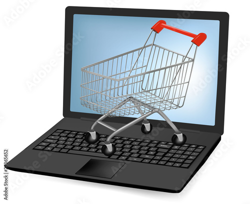 Vector illustration of a shopping art over a laptop.