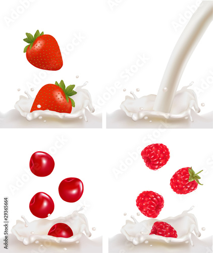 Raspberry, strawberry and cherry fruits falling into the milk