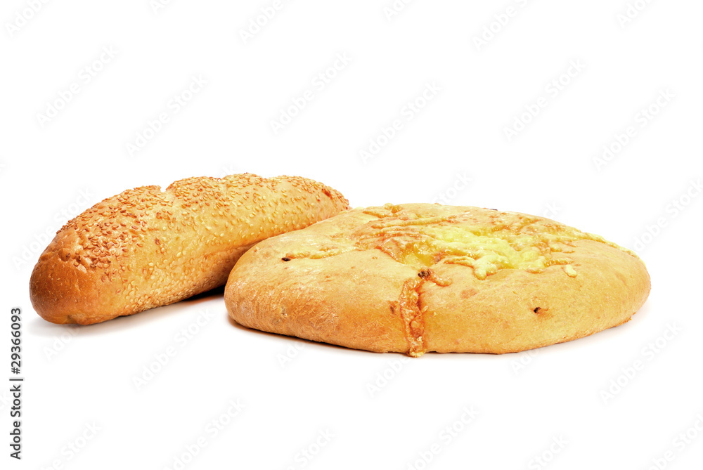 French baguette and Bread with cheese isolated on white French baguette and Bread with cheese isolated on white