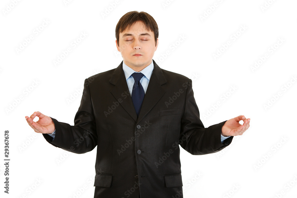 Meditating modern business woman isolated on white. Meditating modern business woman isolated on white.
