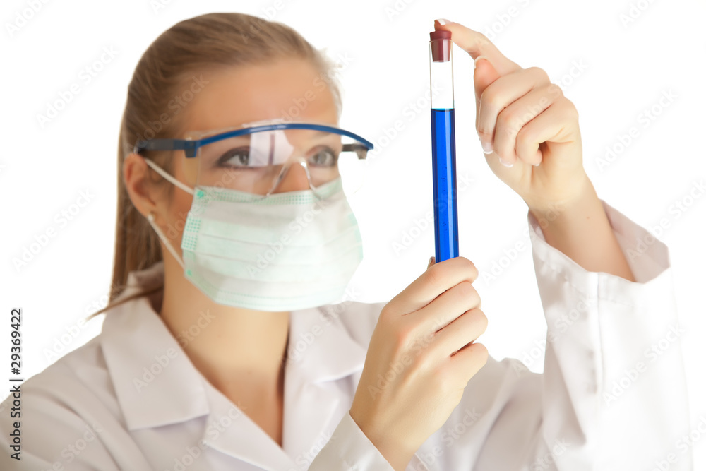 Isolated scientist woman in lab coat with chemical glassware Isolated scientist woman in lab coat with chemical glassware