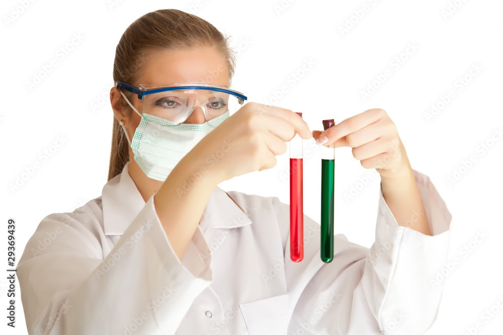Isolated scientist woman in lab coat with chemical glassware Isolated scientist woman in lab coat with chemical glassware