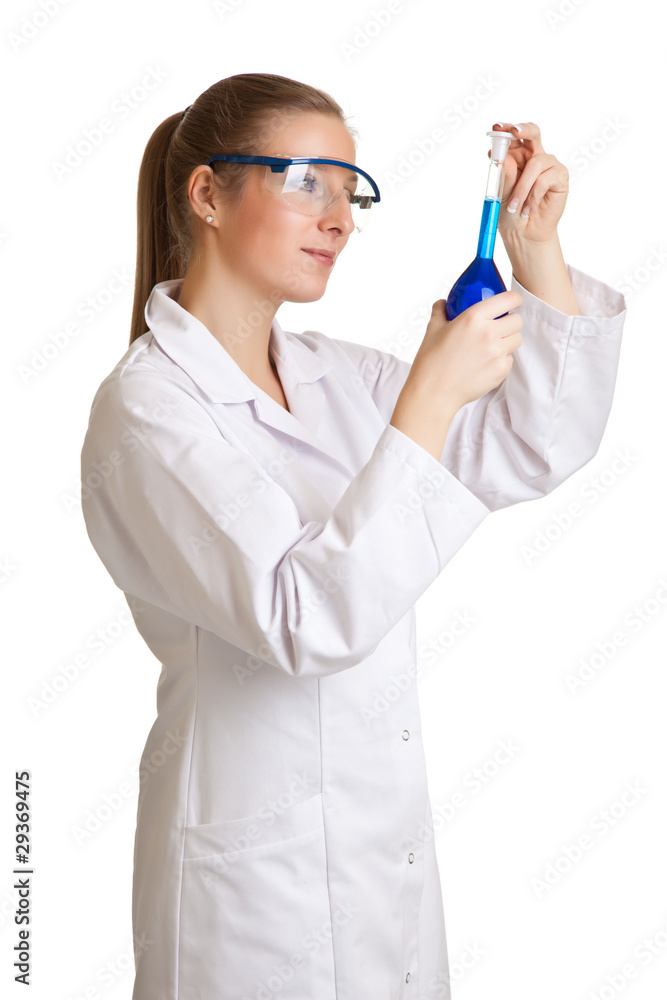 Isolated scientist woman in lab coat with chemical glassware Isolated scientist woman in lab coat with chemical glassware