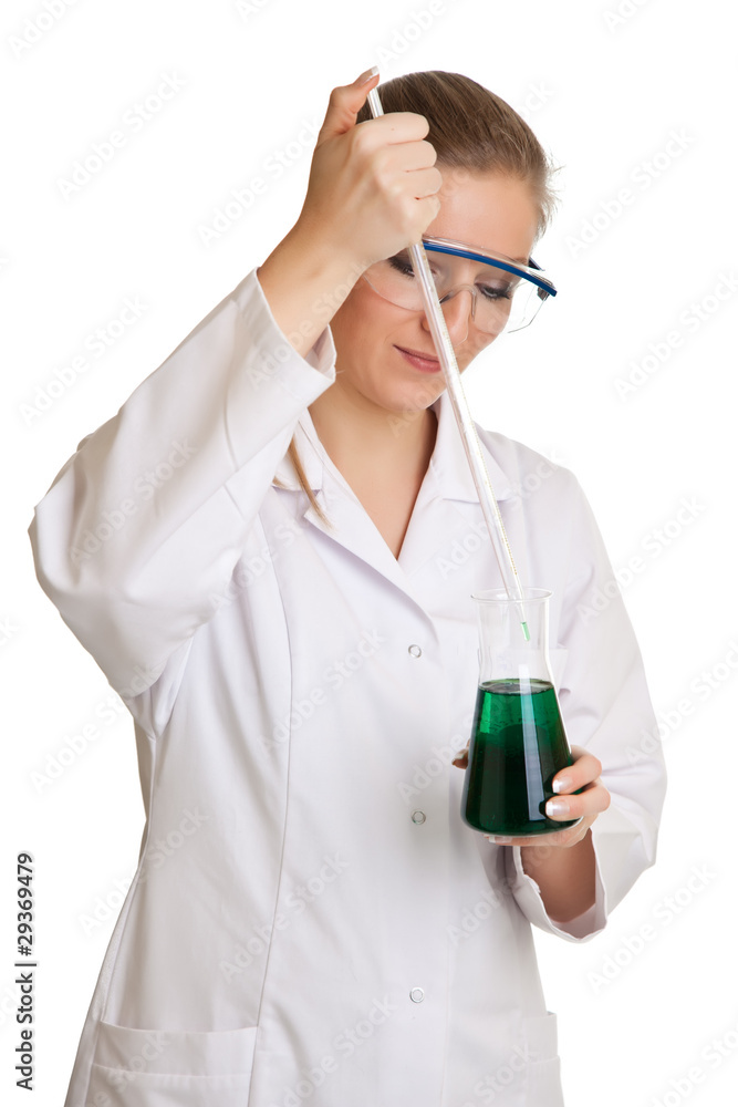 Isolated scientist woman in lab coat with chemical glassware Isolated scientist woman in lab coat with chemical glassware