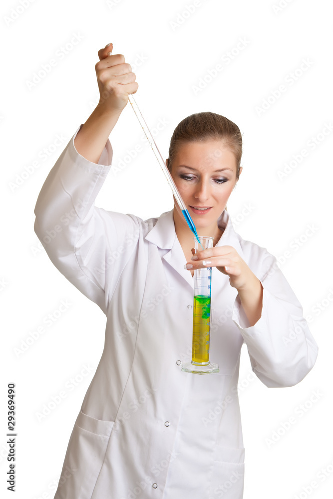 Isolated scientist woman in lab coat with chemical glassware Isolated scientist woman in lab coat with chemical glassware