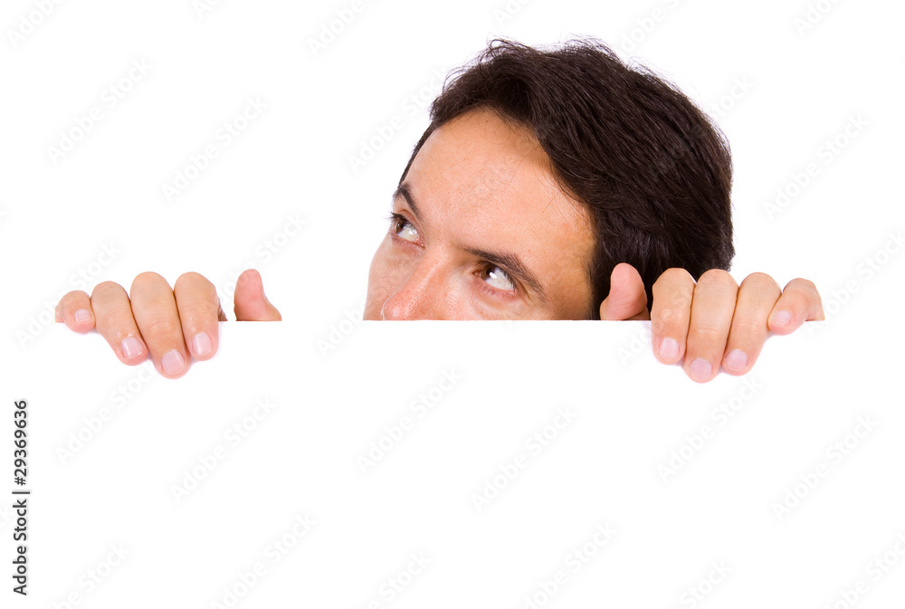 Potrait of a young man holding blank billboard Potrait of a young man holding blank billboard