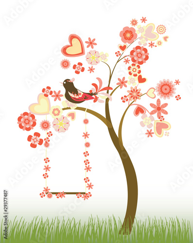 tree with hearts and flowers and a swing