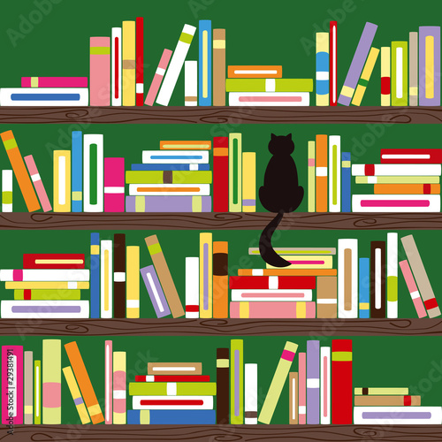 Abstract cat with colorful books on book shelf