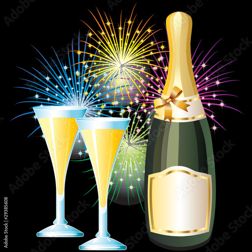 Bottle and glasses of champagne and fireworks.