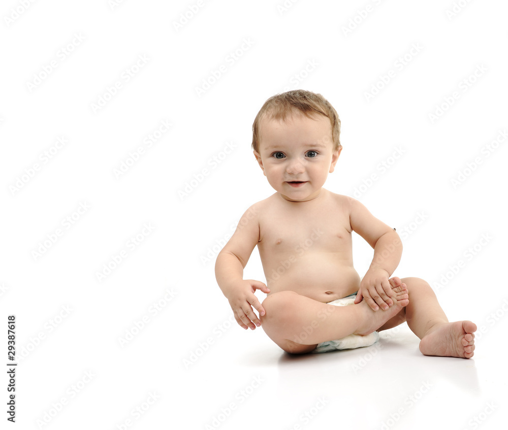 Beautiful happy baby isolated. Wearing diaper Beautiful happy baby isolated. Wearing diaper