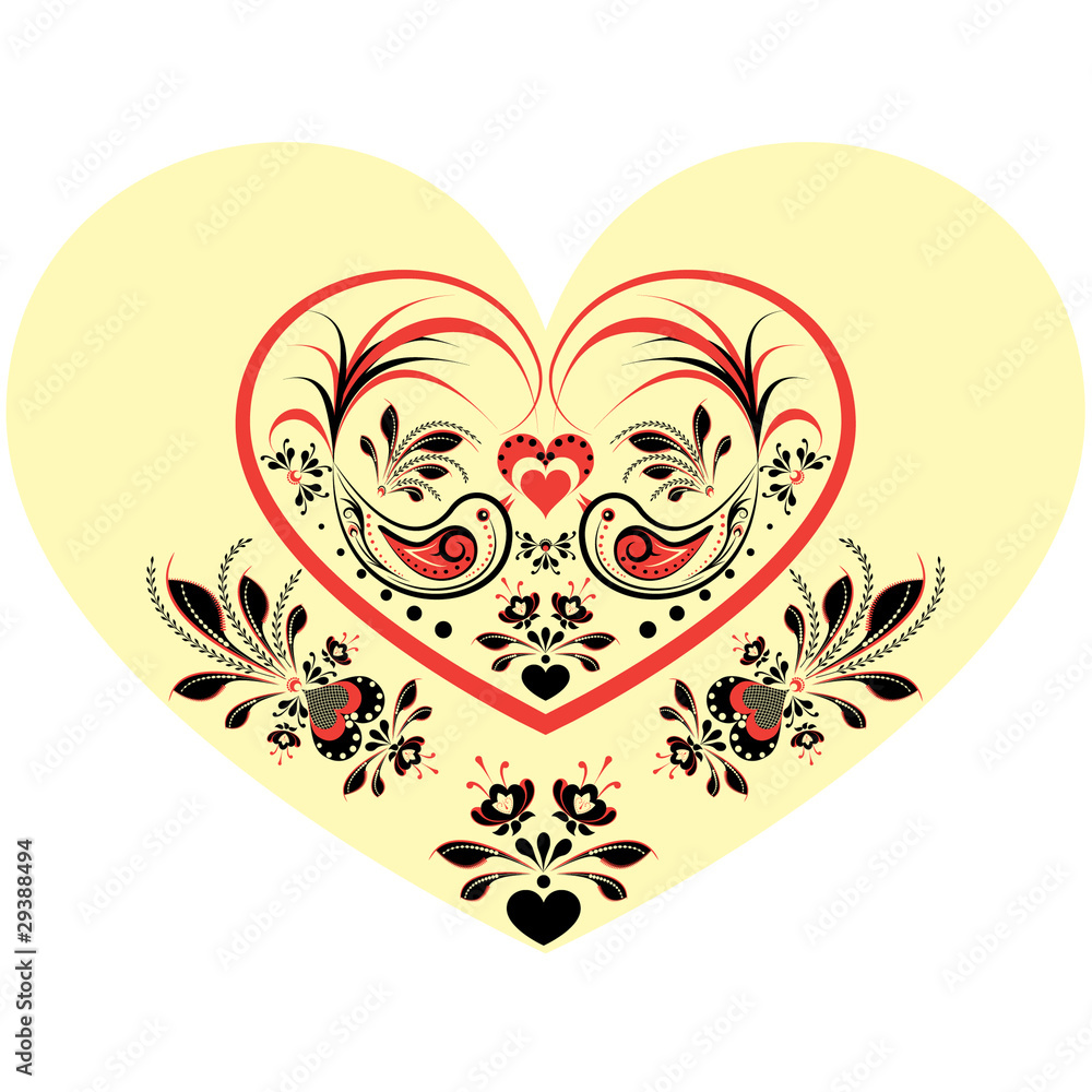 Valentine's day card with hearts, birds and  flowers