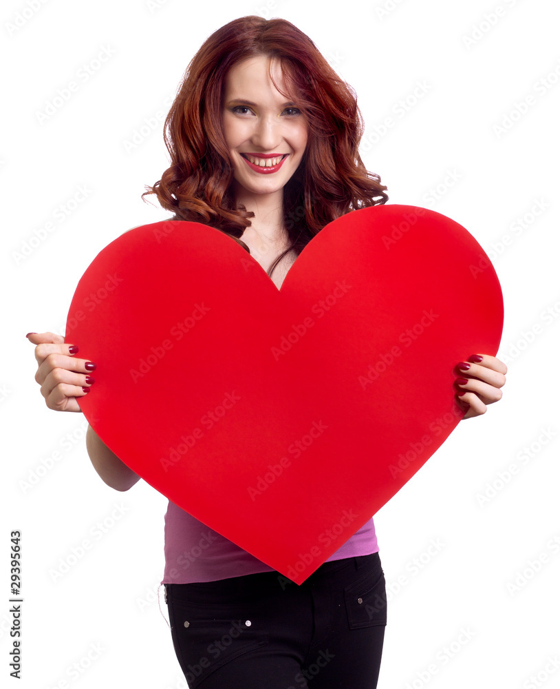 Valentines Day. Woman holding Valentines Day heart sign with cop Valentines Day. Woman holding Valentines Day heart sign with cop