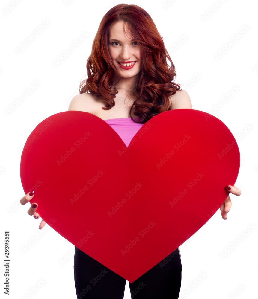 Valentines Day. Woman holding Valentines Day heart sign with cop Valentines Day. Woman holding Valentines Day heart sign with cop
