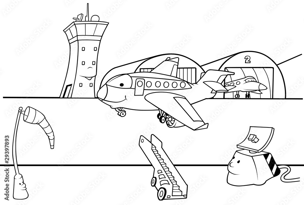 Airport Runway - Black and White Cartoon illustration Stock Illustration | Adobe Stock Airport Runway - Black and White Cartoon illustration Stock Illustration | Adobe Stock