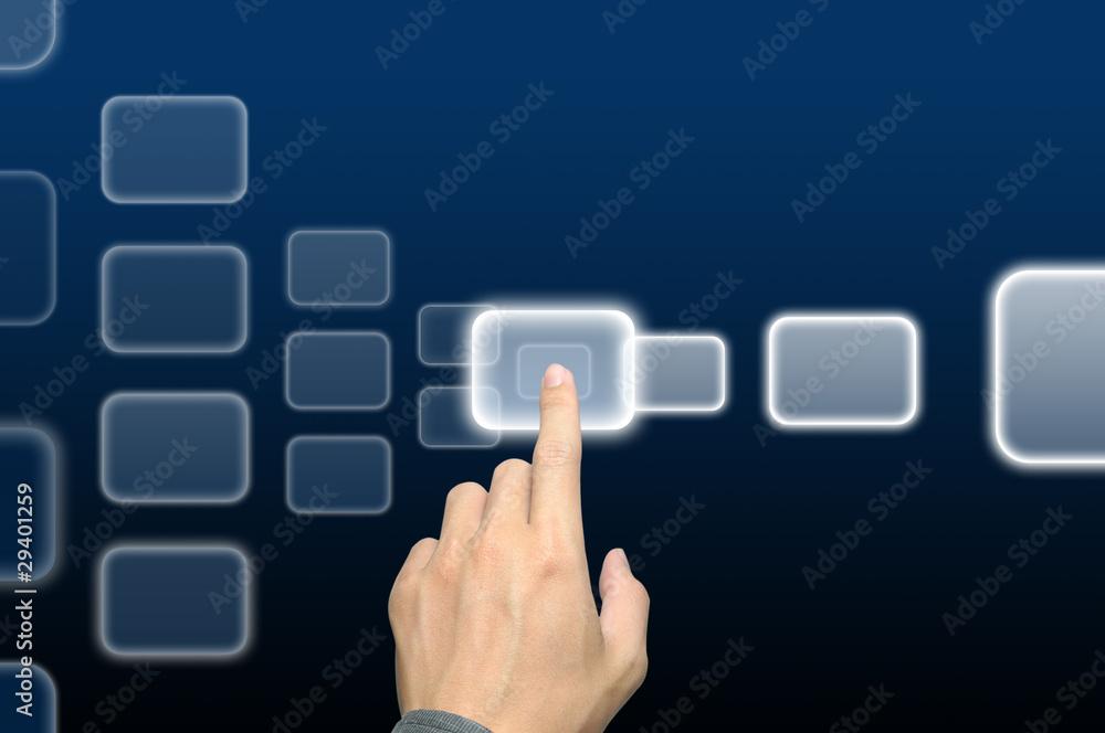 hand pushing a button on a touch screen interface hand pushing a button on a touch screen interface