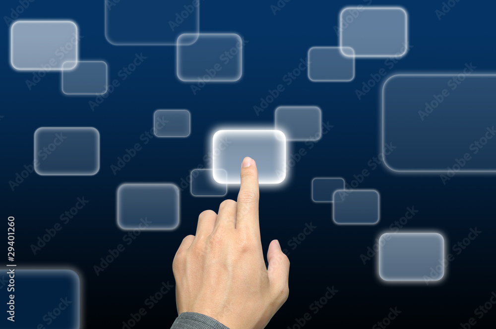 hand pushing a button on a touch screen interface hand pushing a button on a touch screen interface
