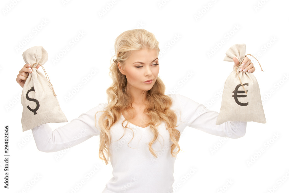 Obraz premium woman with euro and dollar bags