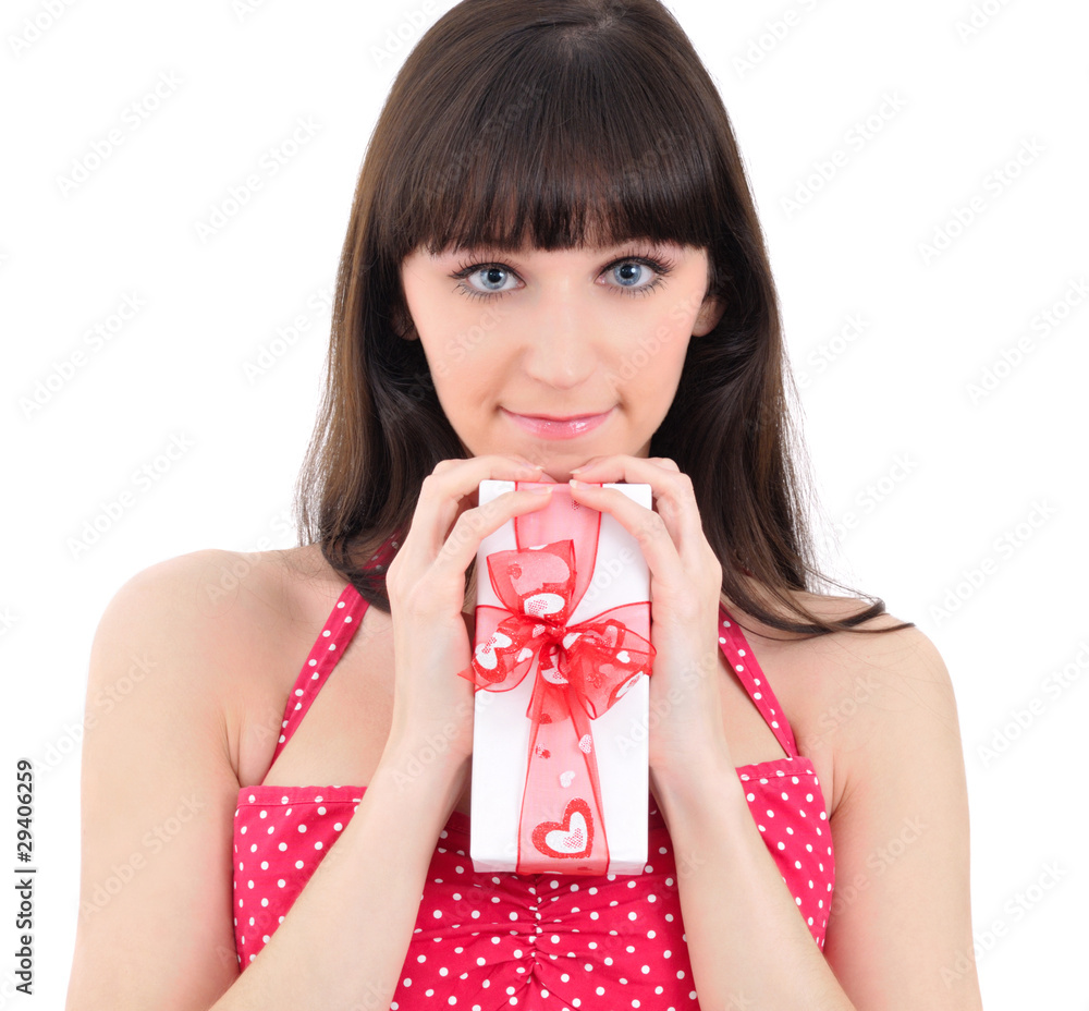 pretty smiling young girl with present pretty smiling young girl with present