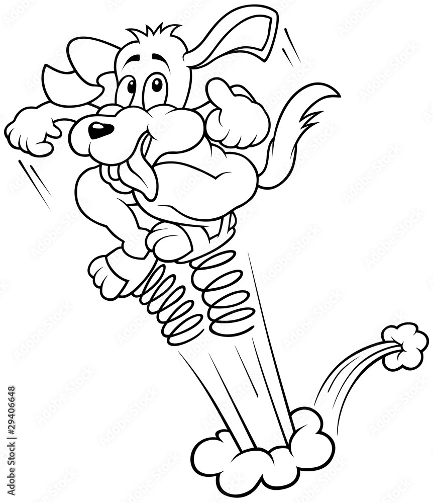 Dog and Metal Spring - Black and White Cartoon illustration