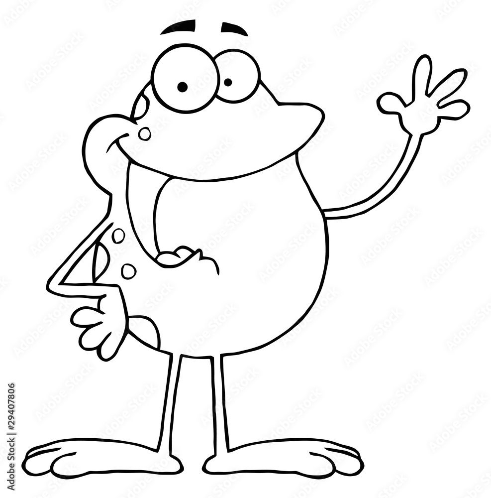 Outlined Frog Cartoon Mascot Character Waving A Greeting Outlined Frog Cartoon Mascot Character Waving A Greeting