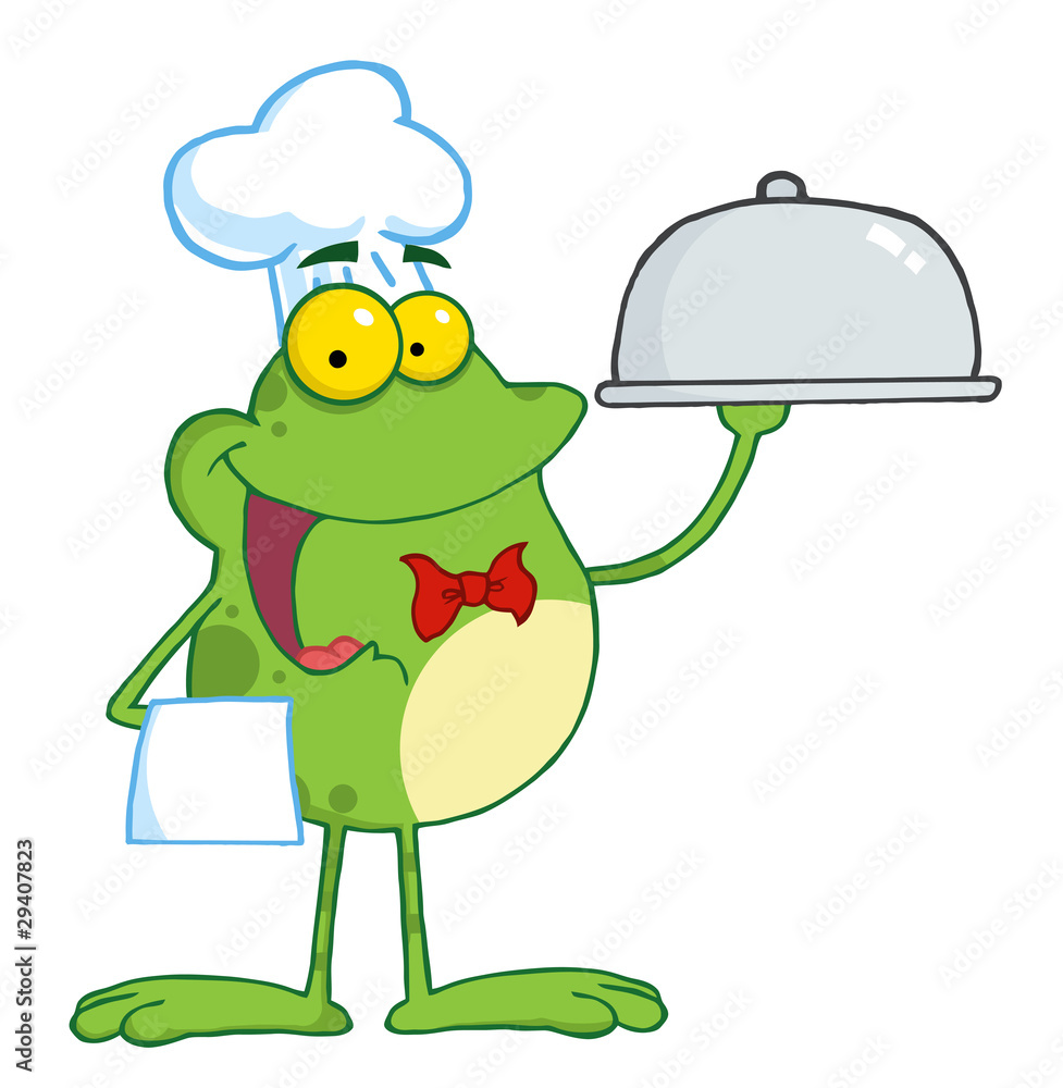 Obraz premium Frog Cartoon Mascot Character Chef Serving Food