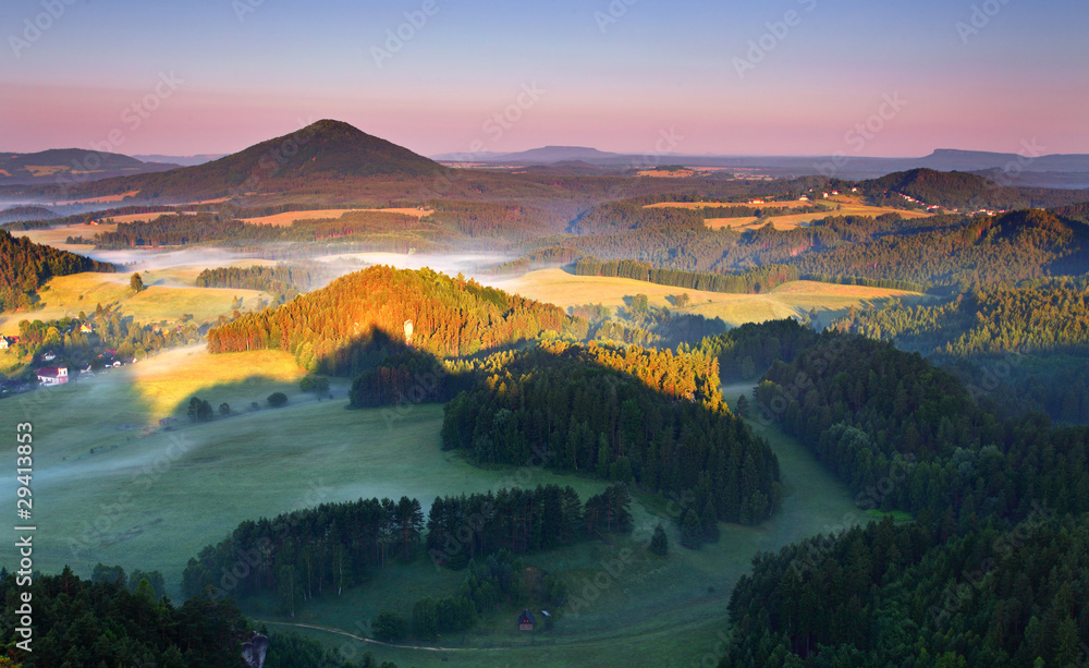 Sunrise in beautiful mountain Czech switzerland with inversion