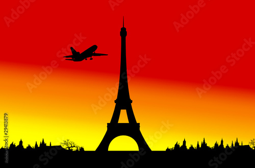 plane passing by the Eiffel Tower vector illustration