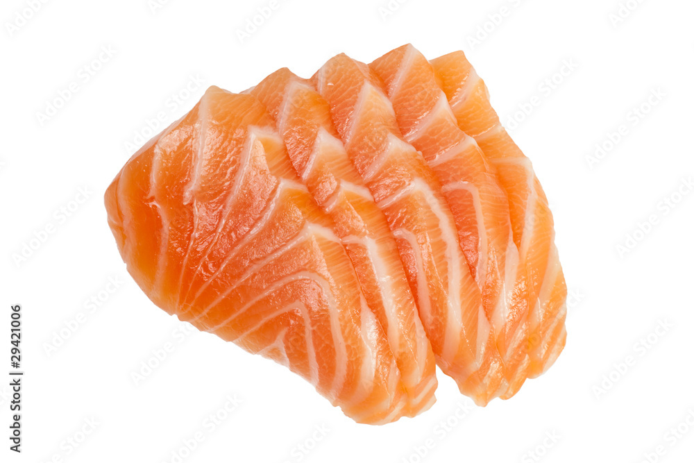 Slices of raw salmon used in sashimi isolated on white Slices of raw salmon used in sashimi isolated on white