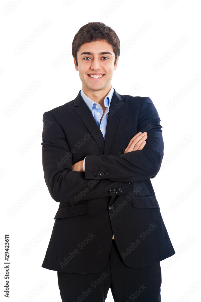 Smiling young businessman isolated on white