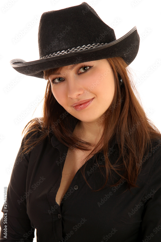 woman with a cowboy's, man's hat, isolated woman with a cowboy's, man's hat, isolated