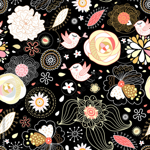 Flower texture with amorous birds
