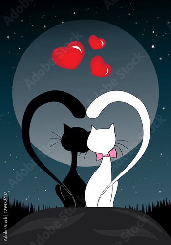 Black and white cats in love - valentine card with hearts